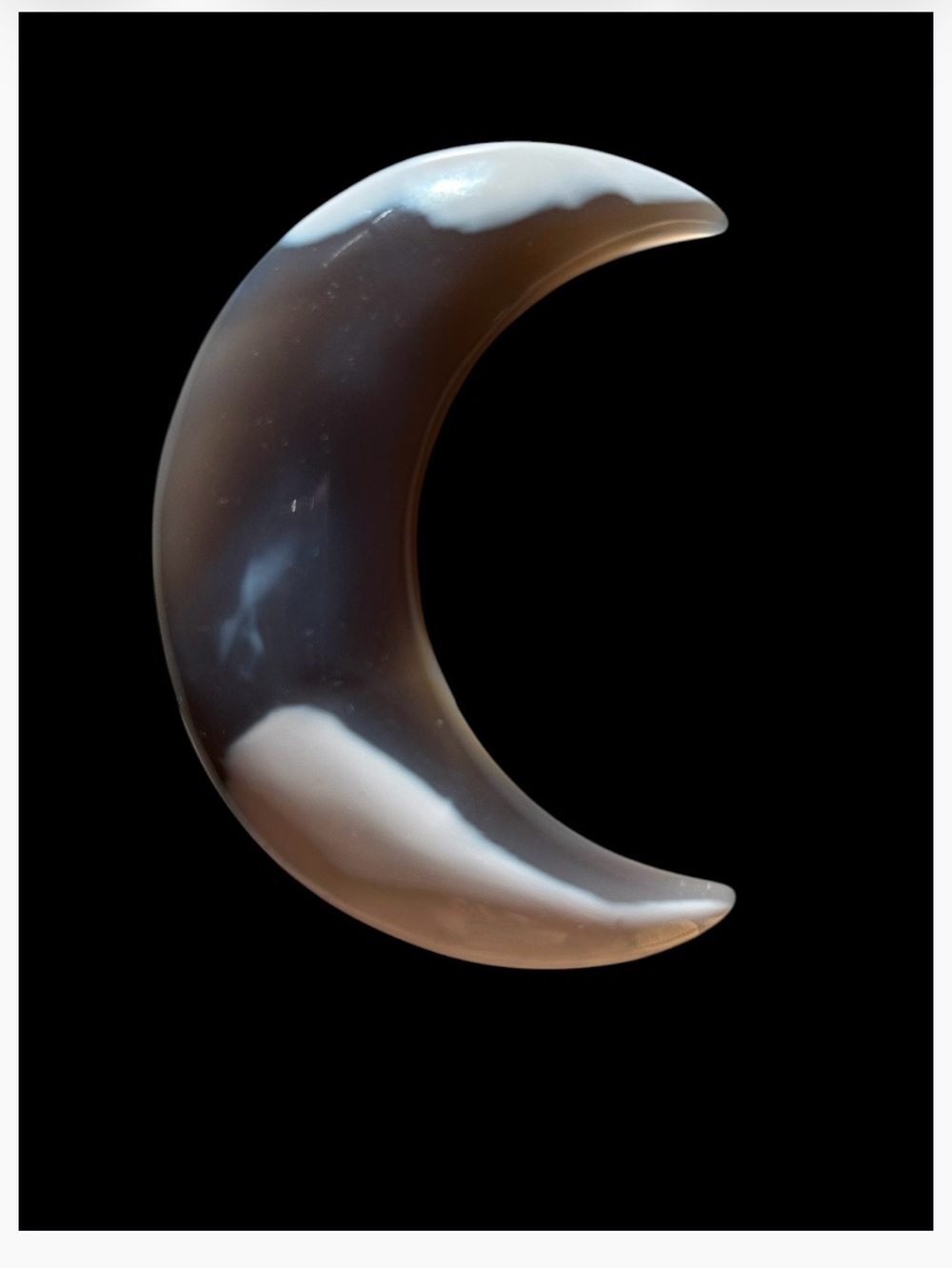 Glossy Orca Agate Crescent Moon Sculpture in Brown, Navy Blue, and White